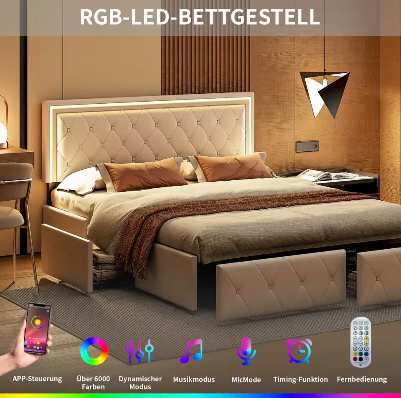 ASKN „Aura“ – Luxus Polsterbett mit LED & Stauraum